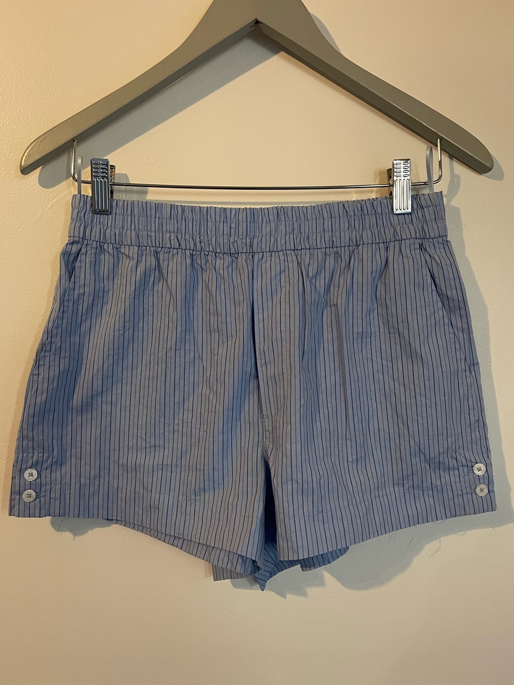 ZARA Blue White Striped Boxer Shorts Elastic Waist Button Hem 100% Cotton XS